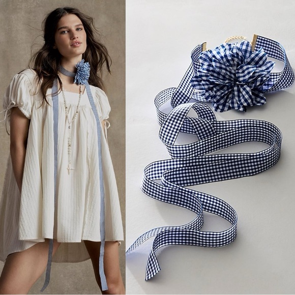 Free People Spring Summer Picnic Flower Necklace in Blue Gingham Country Dainty - Picture 1 of 12